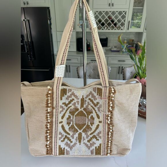 America & Beyond Hand Beaded Neutral Colored Wild Nights Tote Bag NWT - Picture 1 of 13